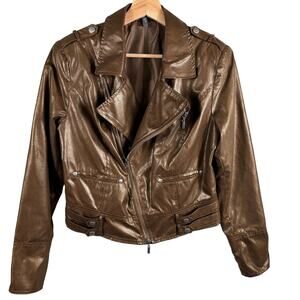 Bisou Bisou Women's Size Small Vegan Faux Leather Brown Metallic Moto Jacket
